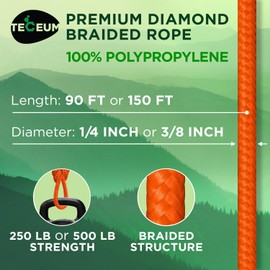 TECEUM Rope – 150 Feet x 1/4 Inch (7mm) – Orange – Strong All-Purpose Utility Rope – Camping, Crafting, Flag Pole, Indoor & Outdoor – Polypropylene Nylon Poly Lightweight Diamond Braided Cord