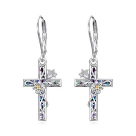 JKR S925 Sterling Silver Filigree Cross Earrings for Women Abalone Shell Flower Cross Dangle Earrings Christian Religions Jewelry Birthday Anniversary Christmas Gifts for Her Wife Mom