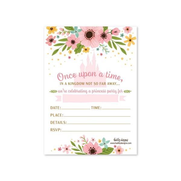 25 Floral Princess Party Invitation, Faux Glitter Royal Queen Little Girl Birthday Invite, Enchanted Kids Castle Pink and Gold Themed Bday Supply Idea, Fairytale Printed or Fill in The Blank Card