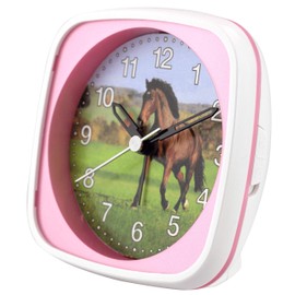 Eurotime Kinder Wecker für Mädchen mit Pferde-Motiv, Kunststoffgehäuse und Kunststoffglas, geräuscharmer Wecker, kein Ticken, mit Licht und Weckwiederholung, 27011-22