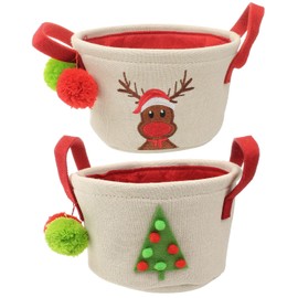 Macosa AS7199 Christmas Basket, Gift Basket, Christmas Tree, Linen & Felt with Handle, Felt Basket, Christmas Linen Basket, Decorative Basket, Round Basket (Christmas Tree)