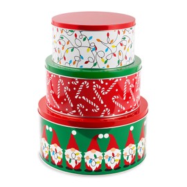 Steel Mill & Co Tin Containers with Lids, 3 Pack Christmas Cookie Tins, Festive Cookie Tins for Gift Giving & Holiday Treats, Round Metal Nesting Containers, Large Medium Small (Gnome)