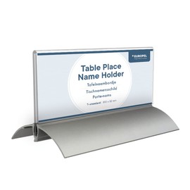 Europel Table Place Name Holder, Set of 2 pieces, 61x150 mm, Clear Acrylic Construction, Double Sided Sign Holder, Name Display for Conferences, Meetings, Free-standing Design with Aluminium Base