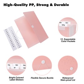 Lamitocs Expanding File Folder A4,13 Pockets File Organiser with Colored Tags, Paperwork A4 Plastic Wallet Document Storage Expander for School,a and Home, Pink