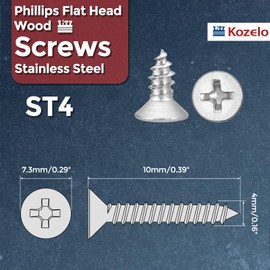 Kozelo 100pcs Phillips Flat Head Wood Screws - [ST4x10mm] 304 Stainless Steel Countersunk Self Tapping Screws for Furniture Assembly, Interior Trim, Outdoor Construction, Silver
