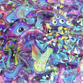 100Pcs Cute Transparent Mushroom Aesthetic Stickers Holographic Agaric Stickers for Teens Adults Waterproof Vinyl PET Sticker for Scrapbook Party Favors (Flash-100)