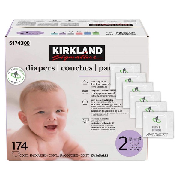 Kirkland Signature Diapers Size 2 (12lbs - 18 lbs) 174 Count W/ Exclusive Health and Outdoors Wipes