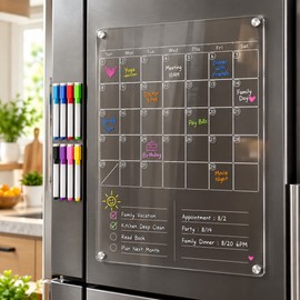 Clear Acrylic Monthly Planner for Refrigerator – Reusable Dry Erase Calendar with 8 Pens for Home Organization