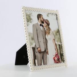 UFAIRV 8x10 Wedding Picture Frame With Pearl And Crystal Decor , Silver Plated Photo Frames With High Definition Glass , Horizontal And Vertical Decor Tabletop Or Wall Mounting Display For Bedroom