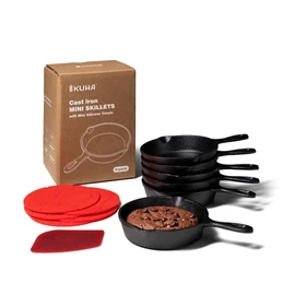 KUHA Small Cast Iron Skillet Set | Pre-Seasoned Mini Cast Iron Skillets for Cookies, Eggs & Desserts | For Baking & Serving | 6 Silicone Trivets & Scraper Included | 4", Set of 6