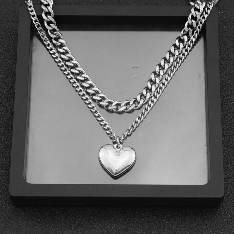 AREUM Necklace, Heart, Double Chain, High Visibility, Stainless Steel, Stackable,