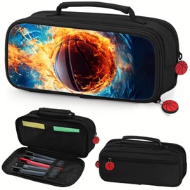Fitvc Basketball Pencil Case for Boys - Large Pencil Pouch for Boys with Zipper Compartments & Handle - Big Capacity Pen Organizer Box Bag for Kids Teens School Supplies