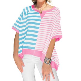 Tankaneo Womens Oversized T Shirts Summer Short Sleeve Striped Color Block Loose Fit Tops 2025 Trendy Clothes Sky Blue