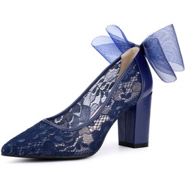 Perphy Pointed Toe Bow Lace Decor Lace Block Heel Dark Blue Pumps for Women - 9 M US