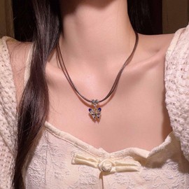 Wendalern Boho Silver Butterfly Choker Necklace Layered Brown Leather Rope Butterfly Chain Necklace Cubic Zirconia Butterfly Pendant Necklace Cute Enamel Butterfly Necklace Jewelry for Women Girls