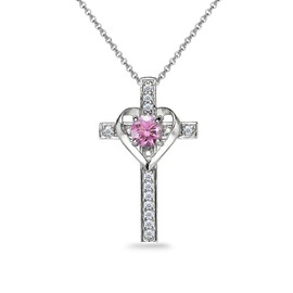 Sterling Silver Heart in Cross Pendant Necklace Made with European Crystals, Crystal,