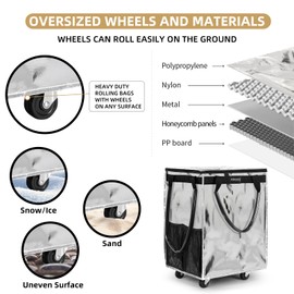 Xiktslin (Medium,Silver) Reusable Grocery Bag on Wheels, Foldable Rolling Tote Carries Up to 66lb Shopping Trolley,Rolling Bag with Handles,Zipper Clouser Rolling Tote Bag with Wheels for Laundry