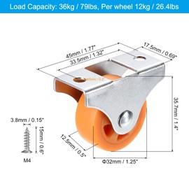 PATIKIL 1.25" Rigid Fixed Plate Caster Wheels, 4 Pack Low Profile Caster PP Wheels with M4 Screws Total Load Capacity 79 Lbs for Drawers Cabinet Rolling Furniture, Orange