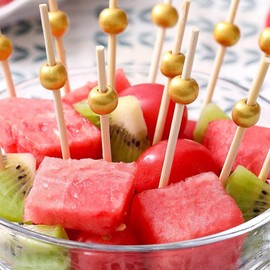 100 Pcs Cocktail Picks, 12 CM Toothpicks for Appetizers, Bamboo Cocktail Sticks Skewers for Drinks, Desserts, Charcuterie, Wedding Party Fancy Toothpicks, Gold Pearl Mini Food Picks Decorative