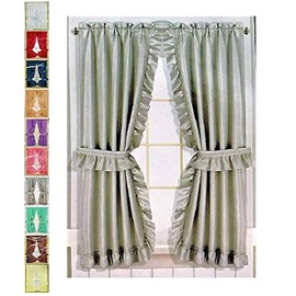 Better Home Ruffled Fabric Window Curtain Set, Mosaic - 2 Tie Backs - Adhesive Hooks (Grey)