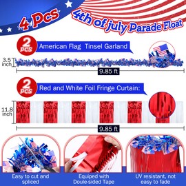 Meonum 4 Pcs 4th of July Parade Float Decorations, American Flag Float Fringes and Patriotic Tinsel Garlands, Red White Blue Garland for Independence Day Memorial Day Decoration (American Flag)