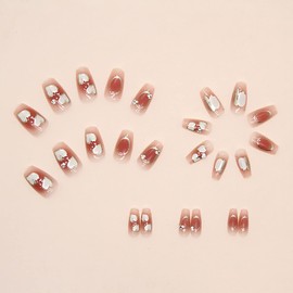 Press On Nails Medium Square Stick On Nails with Heart and rhinestones Designs Coffin Shape Full Cover Reusable False Nails with Glue Artificial Fingernails Acrylic Fake Nails for Women Glue On Nails