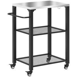 3-Shelf Outdoor Grill Cart with Stainless Steel Tabletop Movable Pizza Oven Table with Hooks Side Handle Wheels Utility Cartcolor: default Color