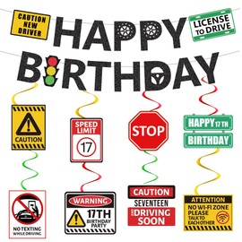 Learner Driver Gifts 17th Birthday - 18 Pcs Learner Driver Banner Hanging Swirls 17th Driver License Transportation Car Road Signs Theme Party Supplies for 17 Year Old Birthday Decorations