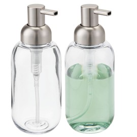 mDesign Round Plastic Refillable Liquid Soap Dispenser Pump Bottle for Bathroom Vanity Countertop, Kitchen Sink - Holds Hand Soap, Dish Soap, Hand Sanitizer, Essential Oils - 2 Pack - Clear/Brushed