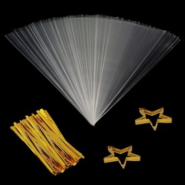 COOLAKE Clear Cone Bags 100PCS Cellophane Triangle Clear Treat Bags with Gold Twist Ties for Christmas Candy Popcorn Handmade Cookies Sweets Crafts 11.8” by 6.3”