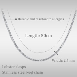 ilasif Wheat Chain Necklace for Men, 2.5mm Stainless Steel Chain Necklace 50cm, Mens Jewelry Gift for Men Teen Birthday Fathers Day Christmas Graduation
