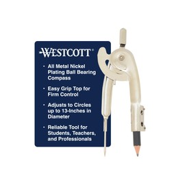Westcott Nickel-Plated Ball Bearing Compass with Pencil, Back-to-School, School Supplies, Classroom Supplies, Draws Circles up to 13 Inches in Diameter