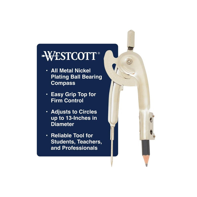 Westcott Nickel-Plated Ball Bearing Compass with Pencil, Back-to-School, School Supplies,
