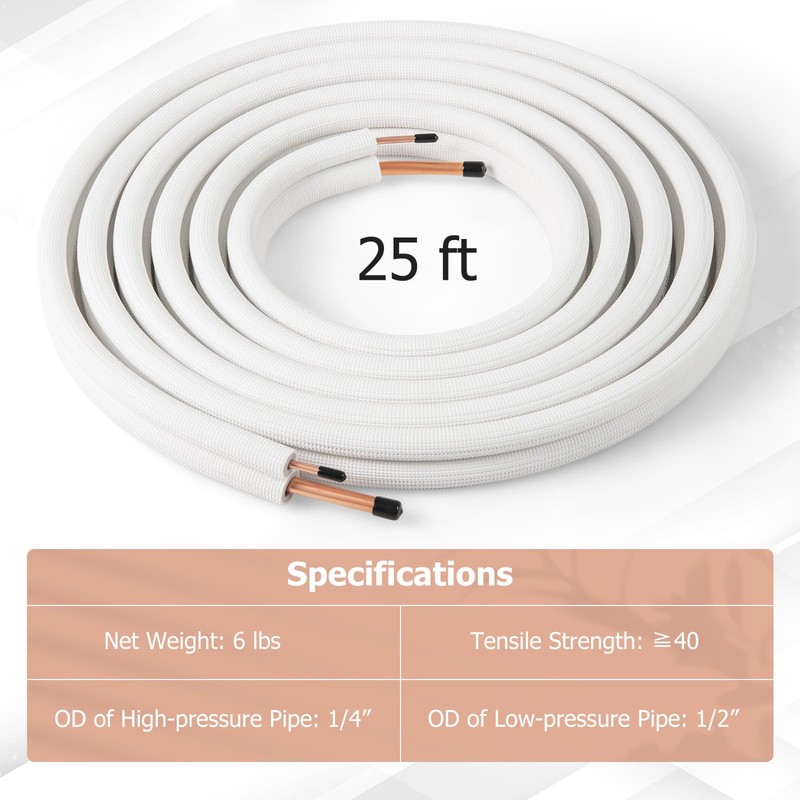 COSTWAY 25 Ft. Mini Split Line Set, 1/4”&1/2” O.D. Copper