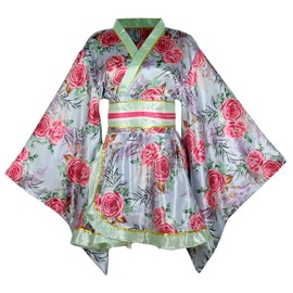 HUAHUA Women's Short Kimono Dress Floral Print Japanese Traditional Sexy Geisha Robe Bathrobe Skirt Belt Outfit