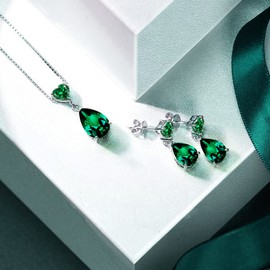 JIANGXIN 18"~20" Pear cut Green Emerald 925 Sterling Silver Pendant Necklace Drop Earrings Jewelry Set for Women Heart cz Decorated