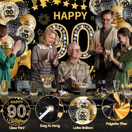 90th Birthday Decorations for Men Women,131PCS Black Gold 90th Birthday Party Supplies with Black Gold Happy 90th Birthday Banner Balloons Napkins Cups Tablecloth Plates for 90th Birthday Decor