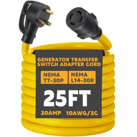 Kanayu Generator Transfer Switch Adapter Cord Compatible with NEMA TT-30P to L14-30R, 30 Amp 3 Prong to 4 Prong Generator Plug Adapter, RV Generator to House Inlet Box, STW 10 AWG, ETL Listed(25 ft)