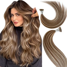 KiiKiiGirl Remy I Tip Hair Extensions Human Hair 14 Inch #T4/P4/16 Brown mixed bleached blonde Itip Human Hair Extensions Invisible Silky Straight 50g/70s