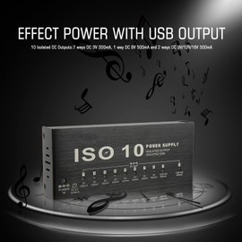 Guitar Pedal Power Supply, 10 Isolated Output Pedalboard Power Supply, Effect Pedal Power Supply with USB Output for 9V 12V 18V Effect Pedals (AU Plug)