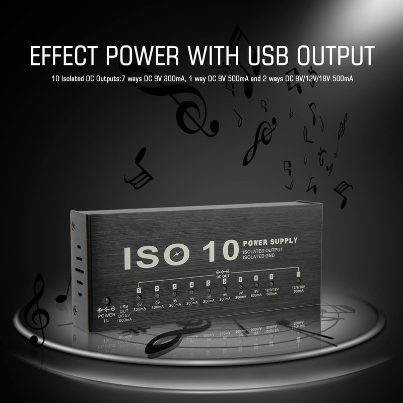 Guitar Pedal Power Supply, 10 Isolated Output Pedalboard Power Supply,