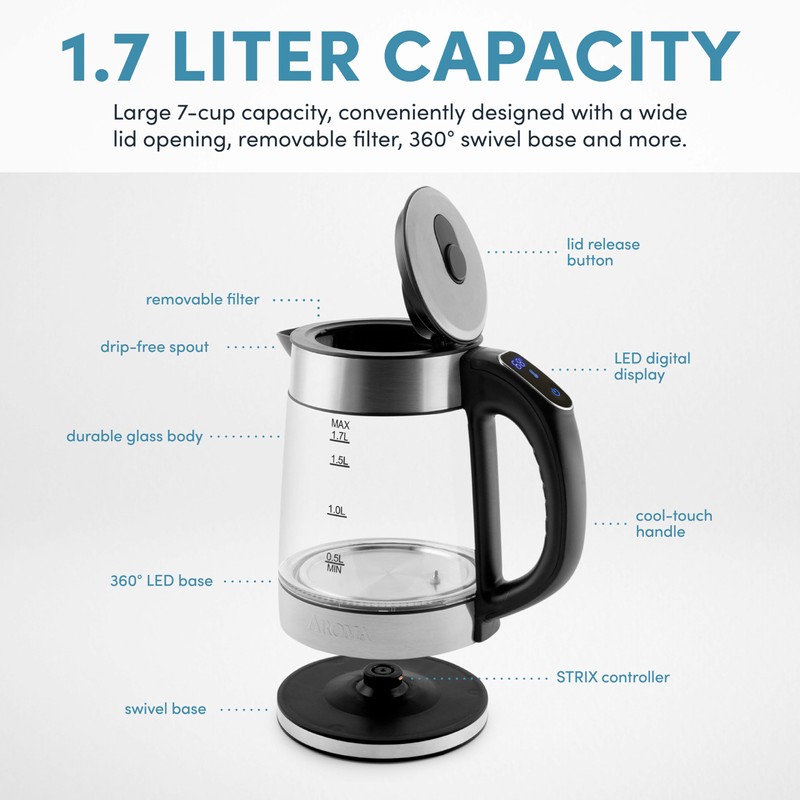 AROMA® Professional 1.7L / 7-Cup Digital Glass Water Kettle (AWK-170D)
