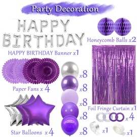 Purple Birthday Decorations Women Purple and Silver Party Decorations Dark Purple Light Purple Balloons Silver Happy Birthday Banner 21st 50th 60th 18th Bday Decor Girls Her 30th 40th 70th 80th 13th