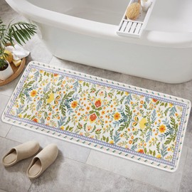 BBSET Sage Green Floral Bathroom Rug 47 * 16inch Long Plant Bath Mat for Shower Non Slip Absorbent Cute Leaf Bath Rugs (Yellow Flower)