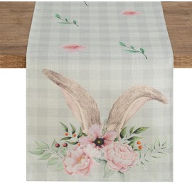 QINJIEJIE Table Runner Spring Colourful Easter Table Runner Linen Easter Bunny Flower Washable Table Runner Tablecloth Decor Table Runner for Easter Party Home Kitchen Dining Table Festival Decoration