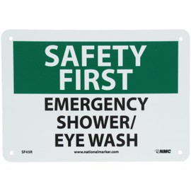 NMC SF45R OSHA Sign, Legend "Safety First - Emergency Shower/Eye WASH", 10" Length x 7" Height, Rigid Plastic, Black/Green on White