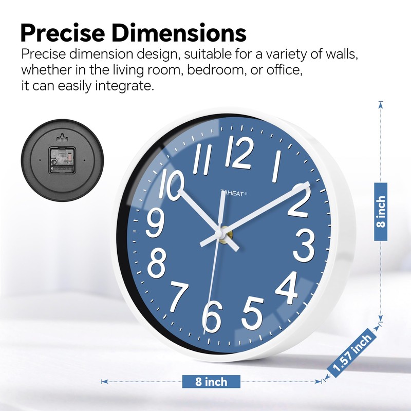 TAHEAT Small 8 Inch Blue Wall Clock, Decorative Modern Quartz