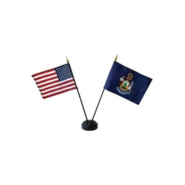 4x6 E-Gloss Maine Stick Flag w/U.S. Stick Flag & 2 Flag Plastic Table Base - Qty 6