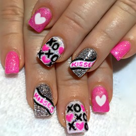 Valentines Press on Nails Medium Square Fake Nails Pink Black False Nails with Designs XOXO Kiss Heart Glossy Stick on Nails Glue on Nails Valentines Nails Acrylic Nails for Women Girls 24 Pcs