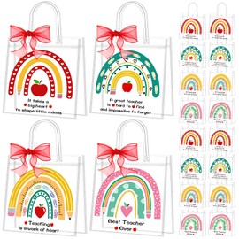 Kolldenn 48 Pcs Teacher's Day Gift Bags Bulk Clear PVC Gift Bags with Handle Ribbon Reusable Goodies Treats Totes Thank You Gifts Bag for Teachers Appreciation Graduation Party 5.9x6.3x2.8 Inch